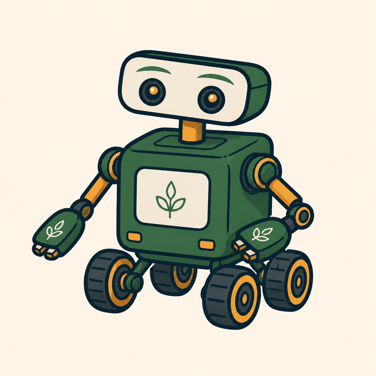 A friendly cartoon Goodbots rover with four wheels and helpful arms